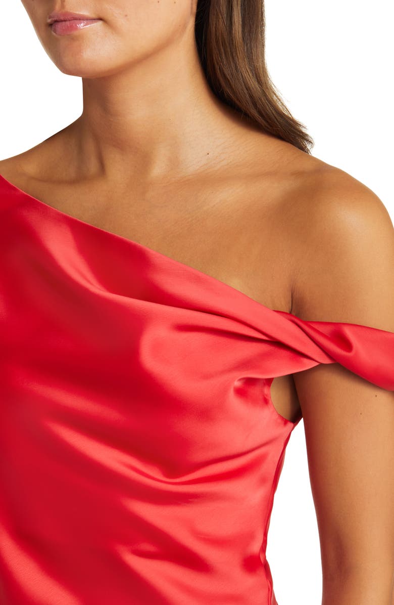 WAYF Twist One-Shoulder Satin Blouse, Alternate, color, Red