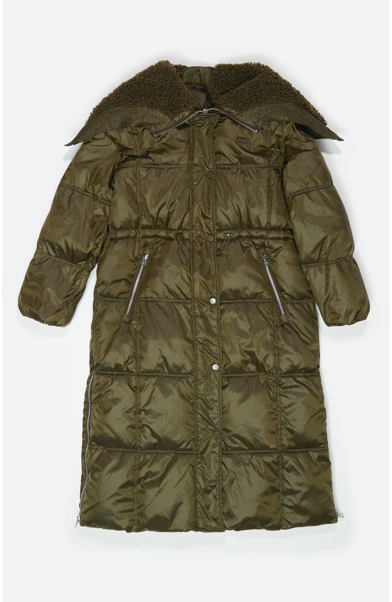 Bimba y Lola Down Jacket With Maxi Neck Faux Shearling Hood, Alternate, color, Dark Khaki