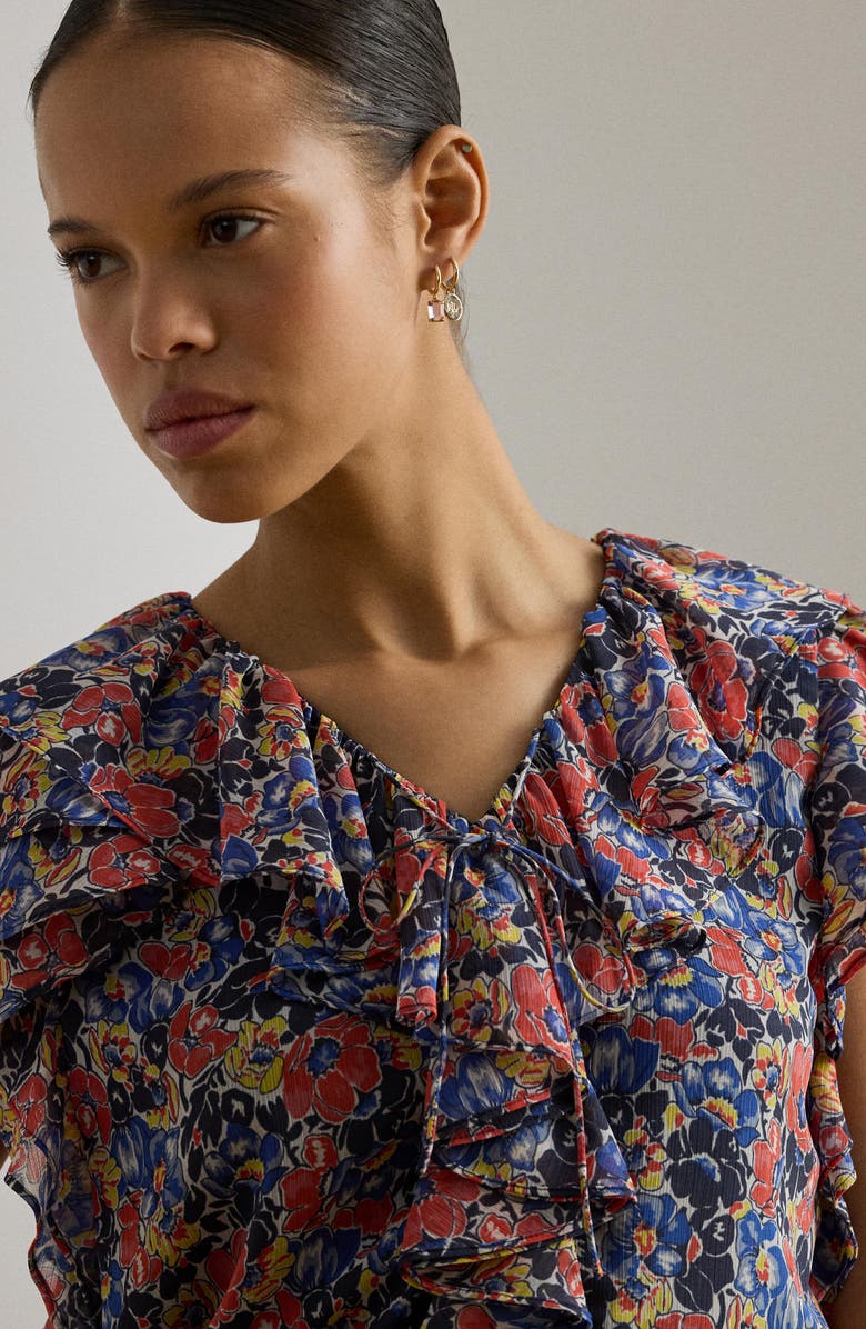 Lauren Ralph Lauren Floral Ruffle Accent Top, Alternate, color, Cream/ Red/ Blue
