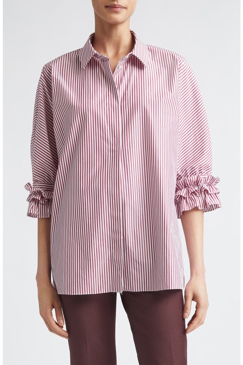 Nebbie Stripe Ruffle Elbow Sleeve Button-Up Shirt, Main, color, BORDEAUX
