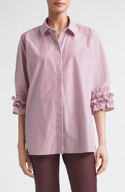 Nebbie Stripe Ruffle Elbow Sleeve Button-Up Shirt
