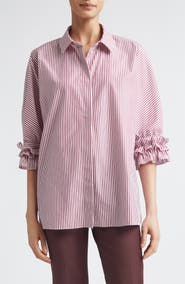 Max Mara Nebbie Stripe Ruffle Elbow Sleeve Button-Up Shirt