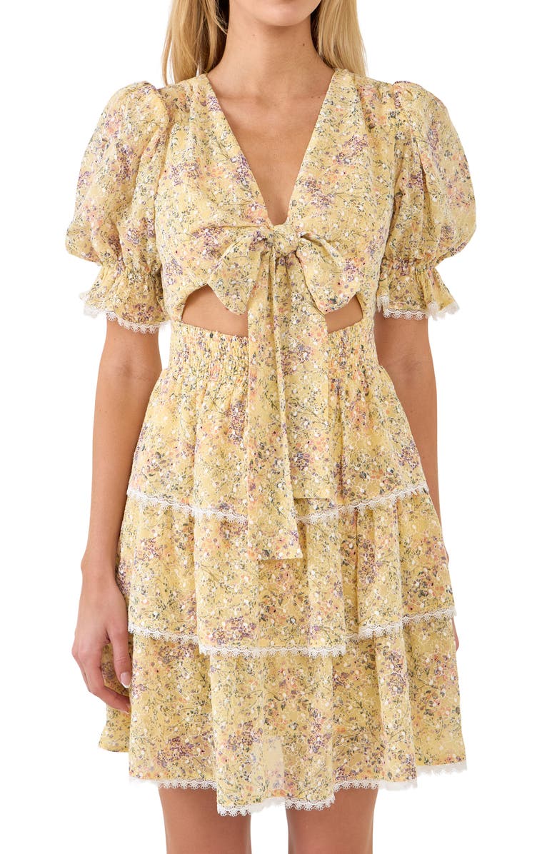 Free the Roses Floral Puff Sleeve Cutout Minidress, Alternate, color,