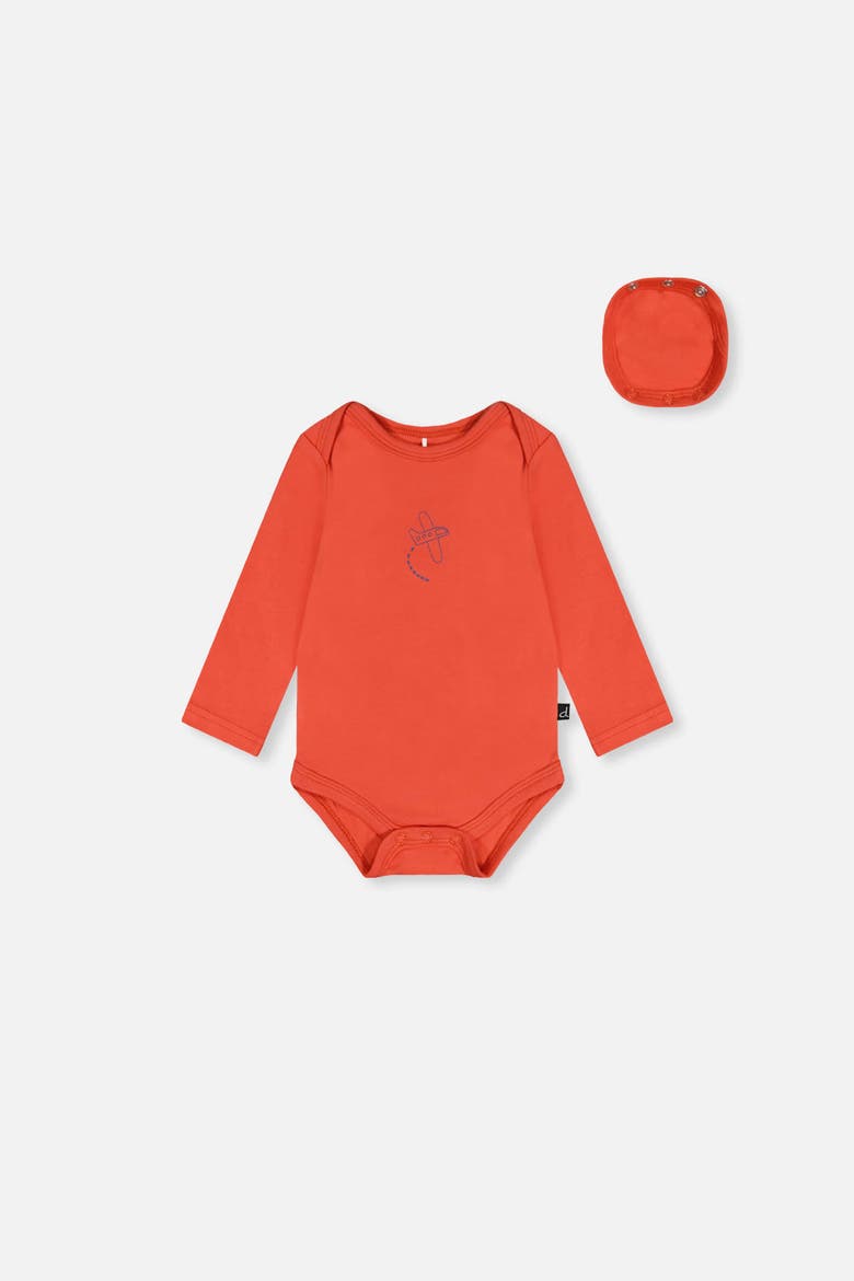 Organic Cotton Plane Detail Envelope Neck Romper, Main, color, Coral