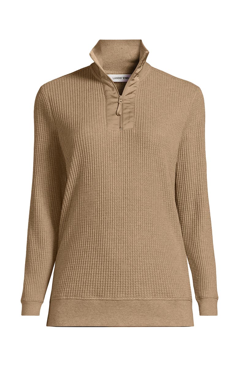 Lands' End Long Sleeve Waffle Quarter Zip Pullover, Alternate, color, Light Toffee Heather
