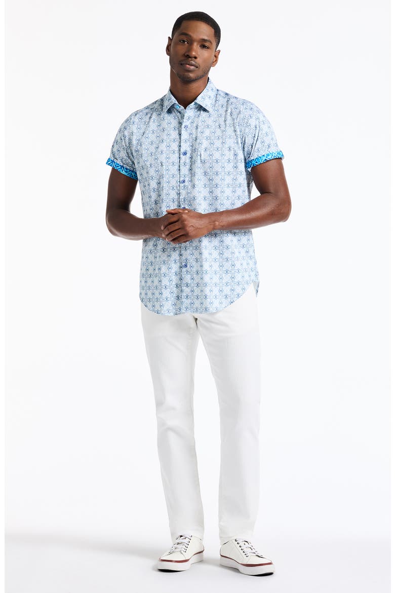 Madagascar Short Sleeve Stretch Cotton Button-Up Shirt, Alternate, color, BLUE
