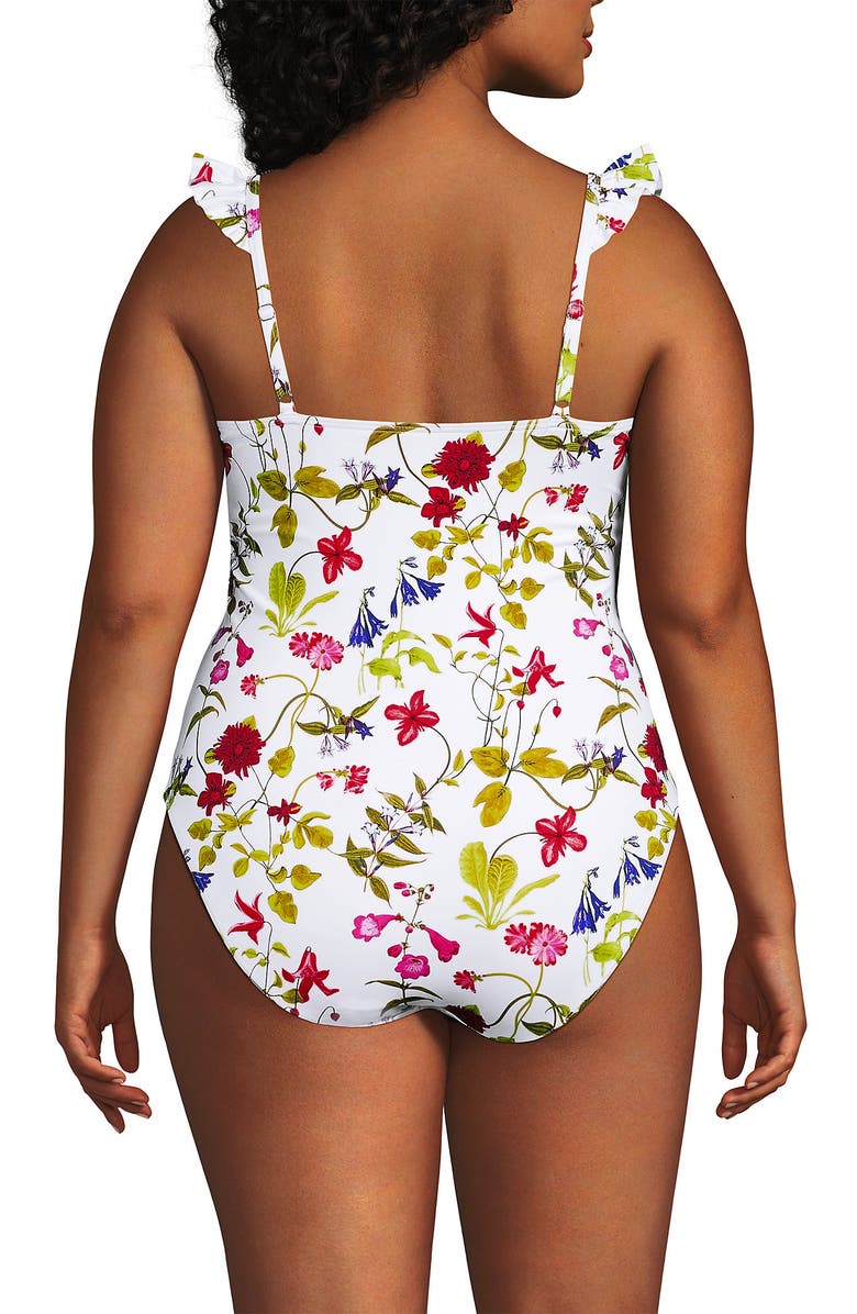 Lands' End Plus Size Balconette Ruffle High Leg One Piece Swimsuit, Alternate, color, White Multi Garden Floral