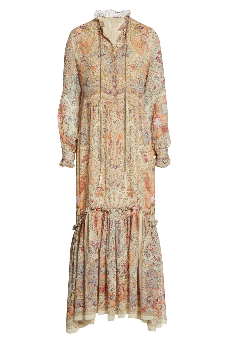 Paisley Long Sleeve Silk Maxi Dress, Alternate, color, 990 WHITE