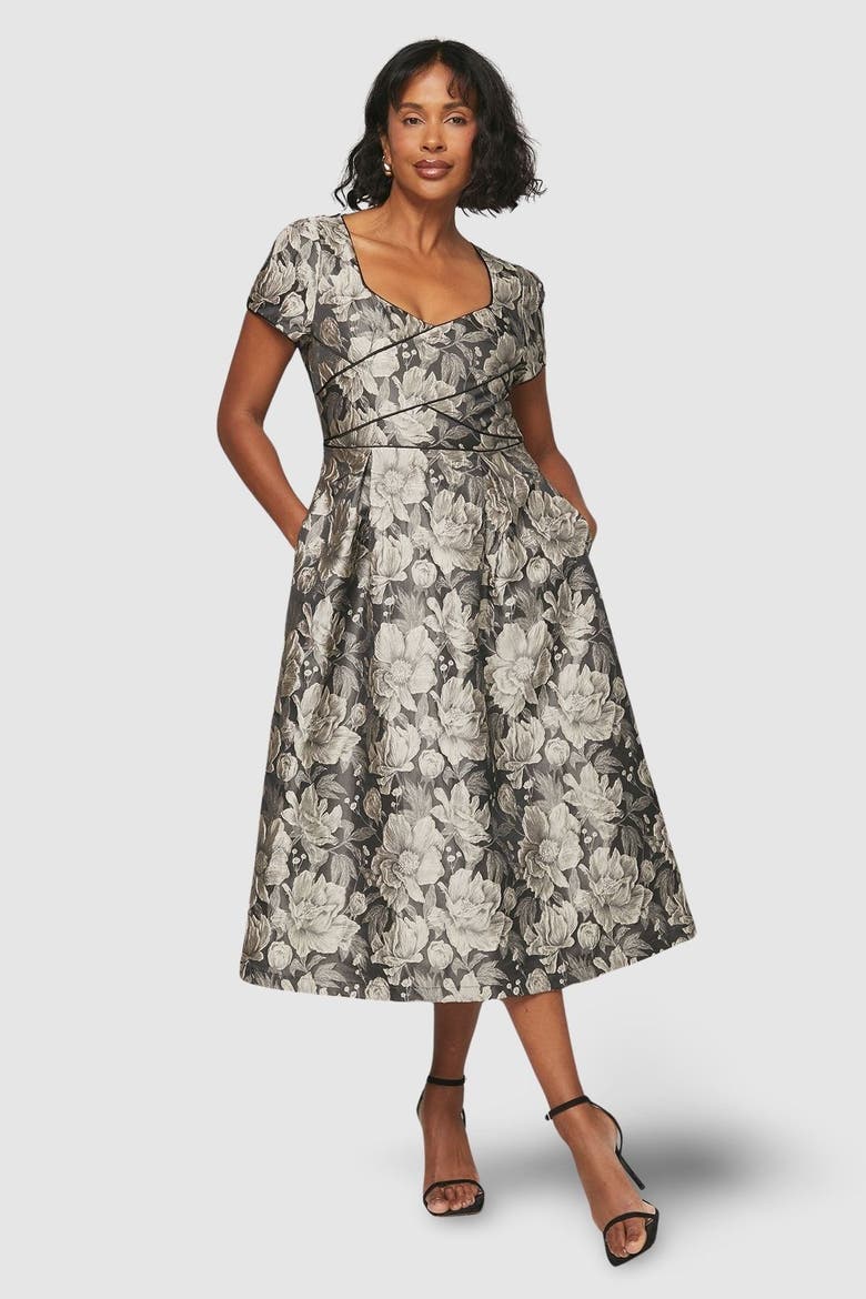 Jacquard Seam Detail Midi Dress, Main, color, Black
