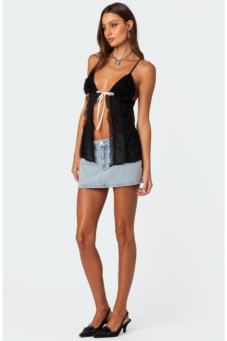 Linette Split Front Lace Trim Camisole, Alternate, color, BLACK