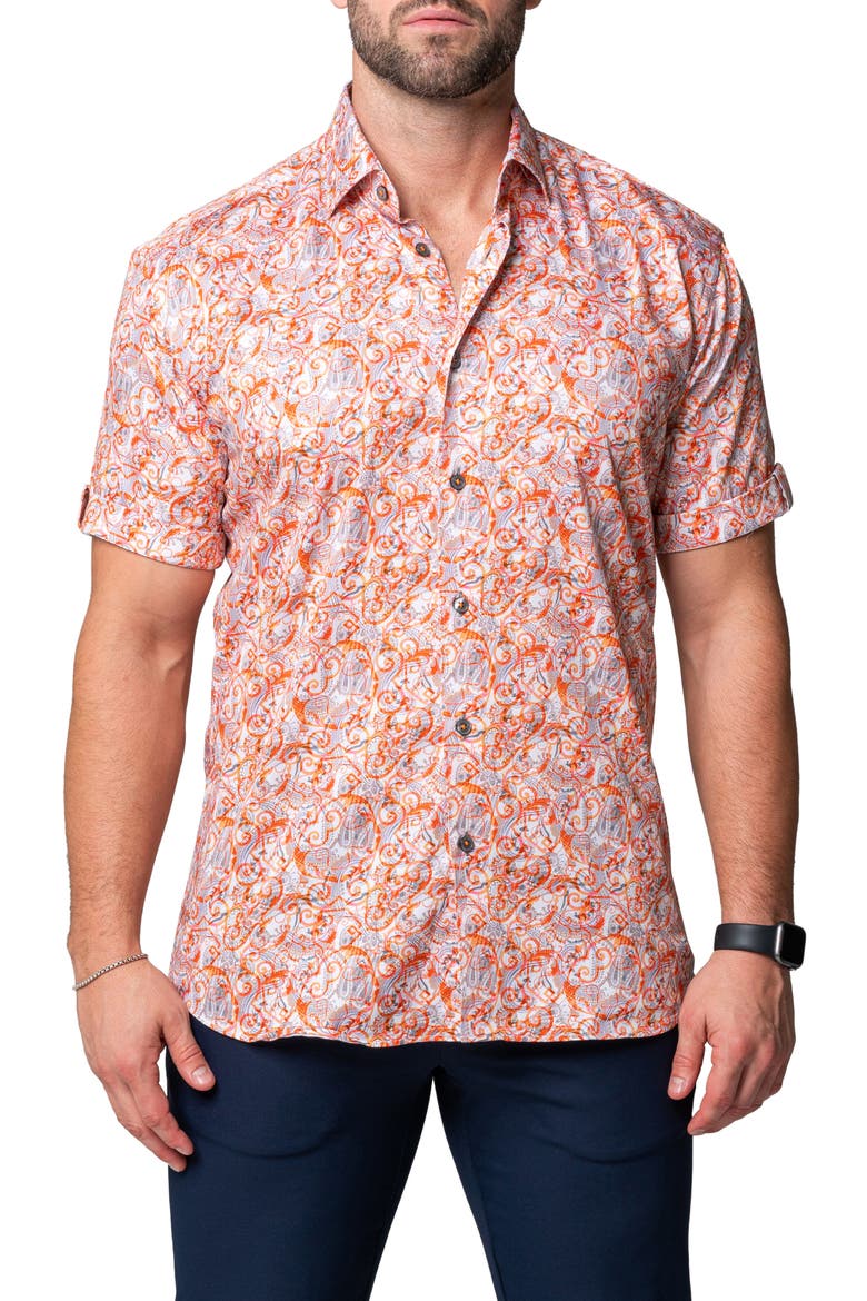 Galileo Geometric Short Sleeve Cotton Button-Up Shirt, Alternate, color, ORANGE
