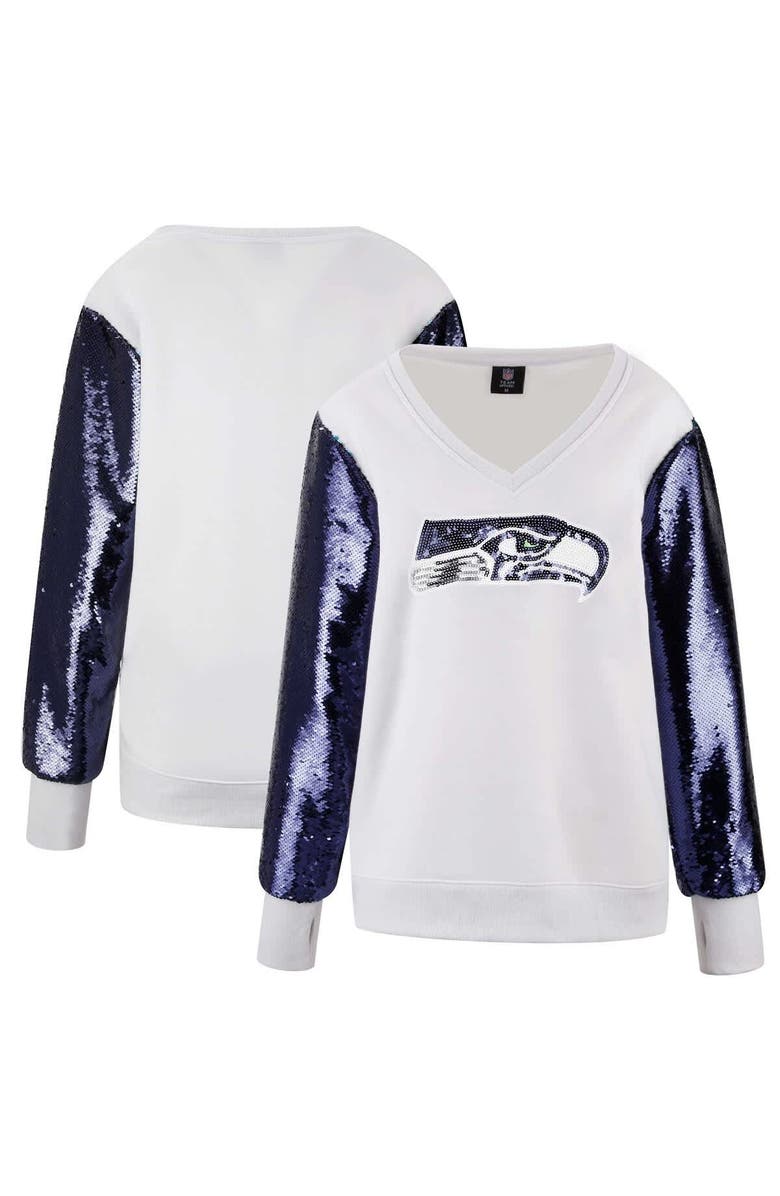 CUCE Women's Cuce White Seattle Seahawks Sequin Sleeve V-Neck Pullover Sweatshirt, Main, color,