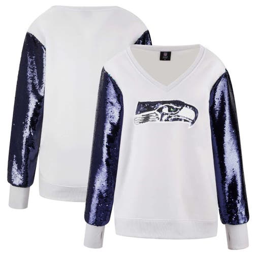Cuce White Seattle Seahawks Sequin Sleeve V-neck Pullover Sweatshirt In White