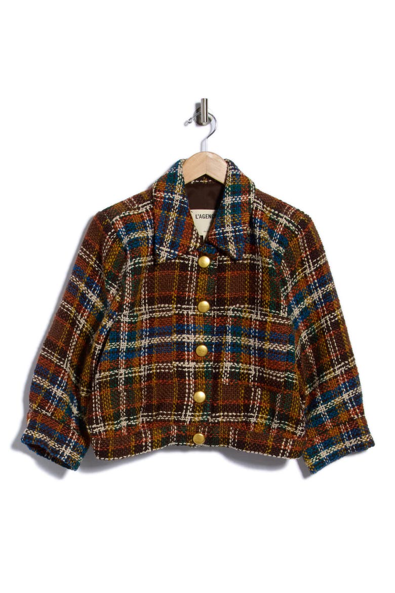 Jia Crop Tweed Jacket, Main, color, BROWN MULTI PLAID