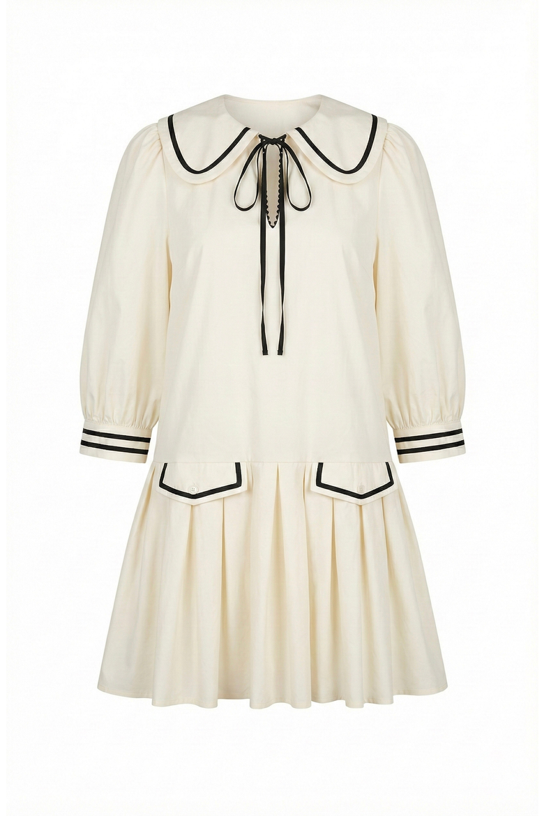 Long-Sleeve Pleated Mini Dress, Alternate, color, Off-white / Black