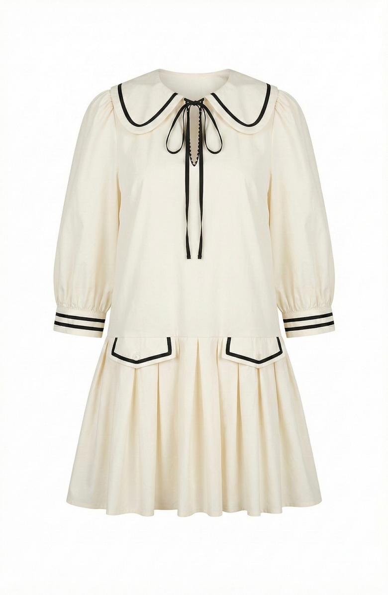 Modenaire Long-Sleeve Pleated Mini Dress, Alternate, color, Off-White / Black