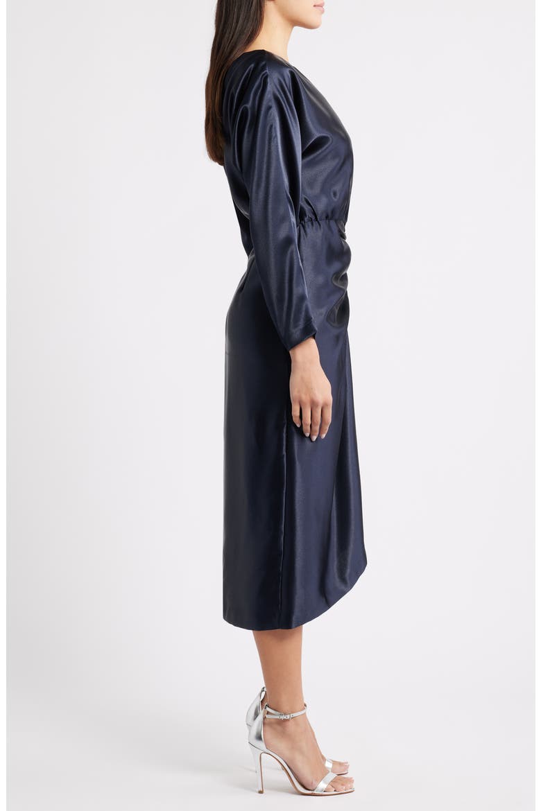 Long Sleeve Satin Cocktail Midi Dress, Alternate, color, NAVY