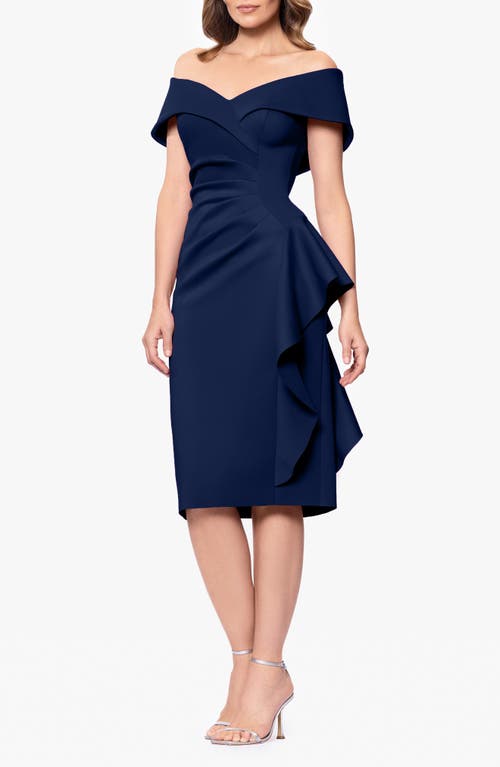 Xscape Evenings Cascade Ruffle Off The Shoulder Scuba Crepe Cocktail Midi Dress In Midnight