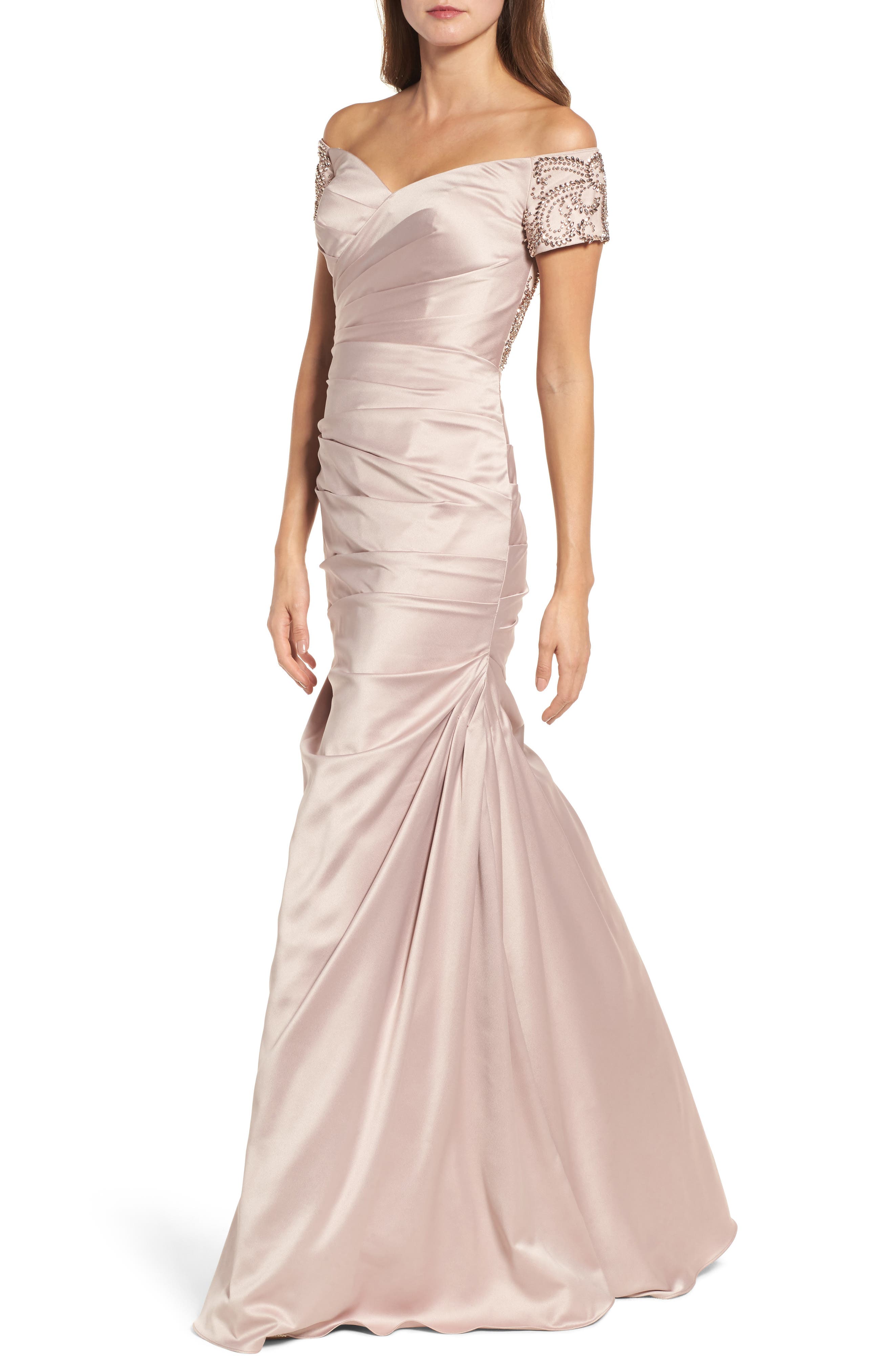 La Femme Off the Shoulder Beaded Satin Trumpet Gown