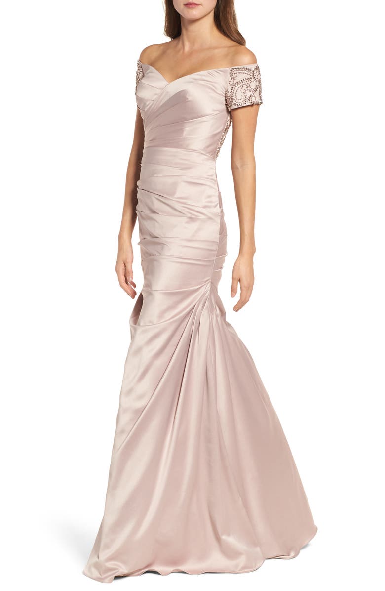 La Femme Off the Shoulder Beaded Satin Trumpet Gown, Main, color, Champagne
