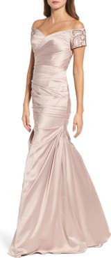 La Femme Off the Shoulder Beaded Satin Trumpet Gown