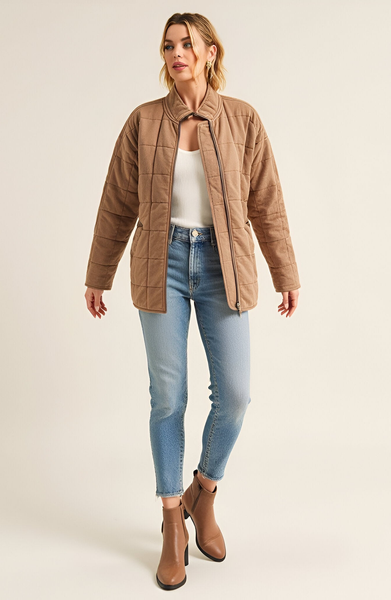 Modenaire Quilted Zip-Up Stand Collar Square Stitch Detailing Jacket, Alternate, color, Tan