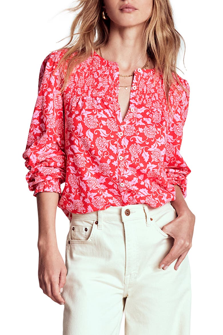 Elsa Smocked Yoke Cotton Blend Jersey Button-Up Shirt, Main, color, POPPY RED, ORNATE VINE
