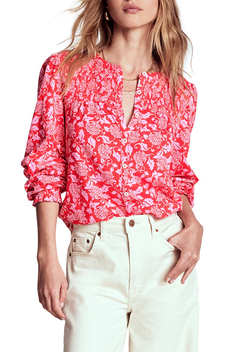 Boden Elsa Smocked Yoke Cotton Blend Jersey Button-Up Shirt, Main, color, Poppy Red, Ornate Vine