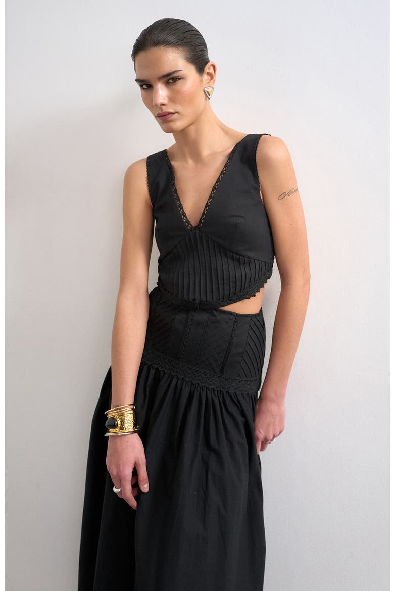 Pintuck Detail Cotton Maxi Dress, Alternate, color, BLACK