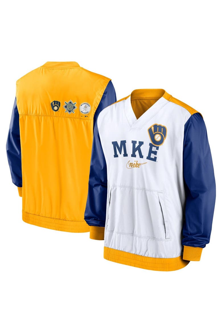 Men's Nike White/Gold Milwaukee Brewers Rewind Warmup V-Neck Pullover Jacket, Main, color, White