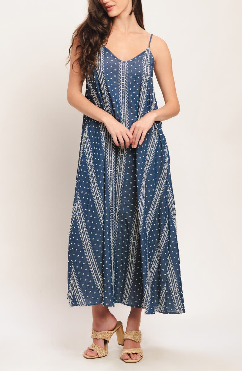 FLYING TOMATO Embroidered Sleeveless Maxi Dress, Alternate, color, Medium Indigo