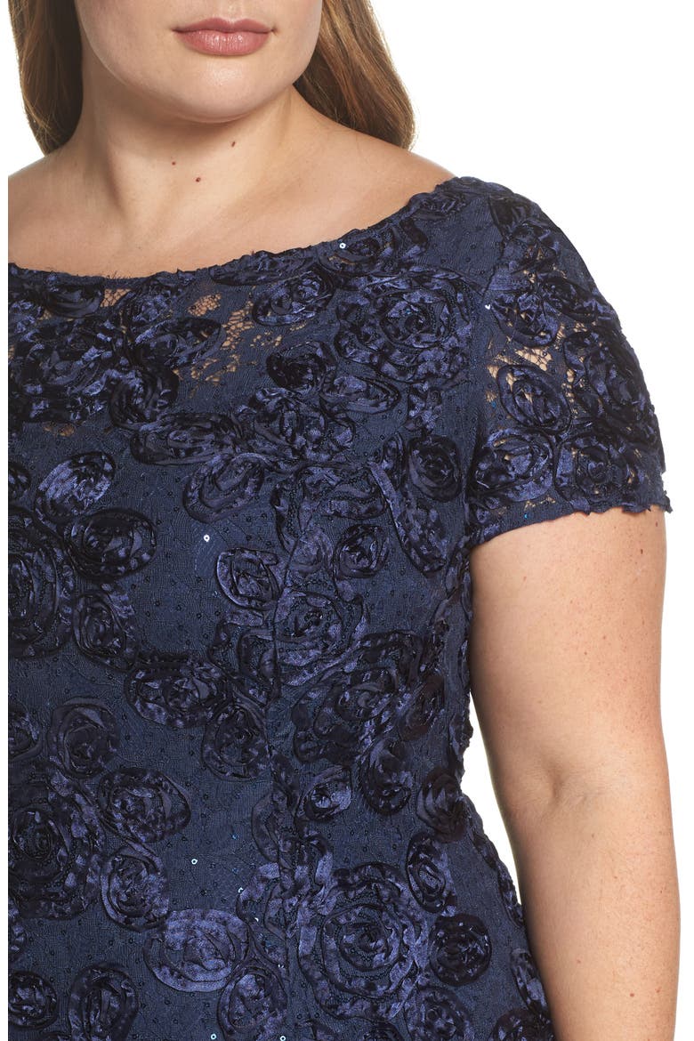 Rosette Lace Short Sleeve A-Line Gown, Alternate, color, NAVY