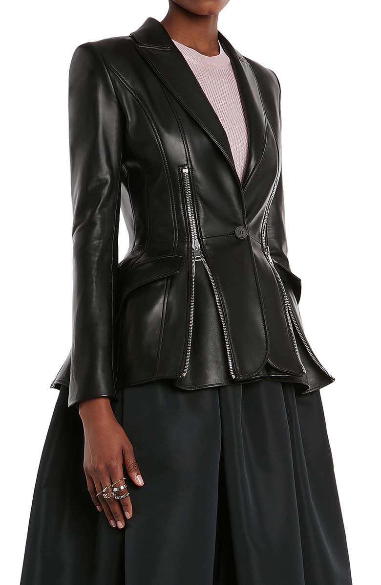 McQueen Alexander McQueen Zip Detail Peplum Lambskin Leather Jacket, Alternate, color, 