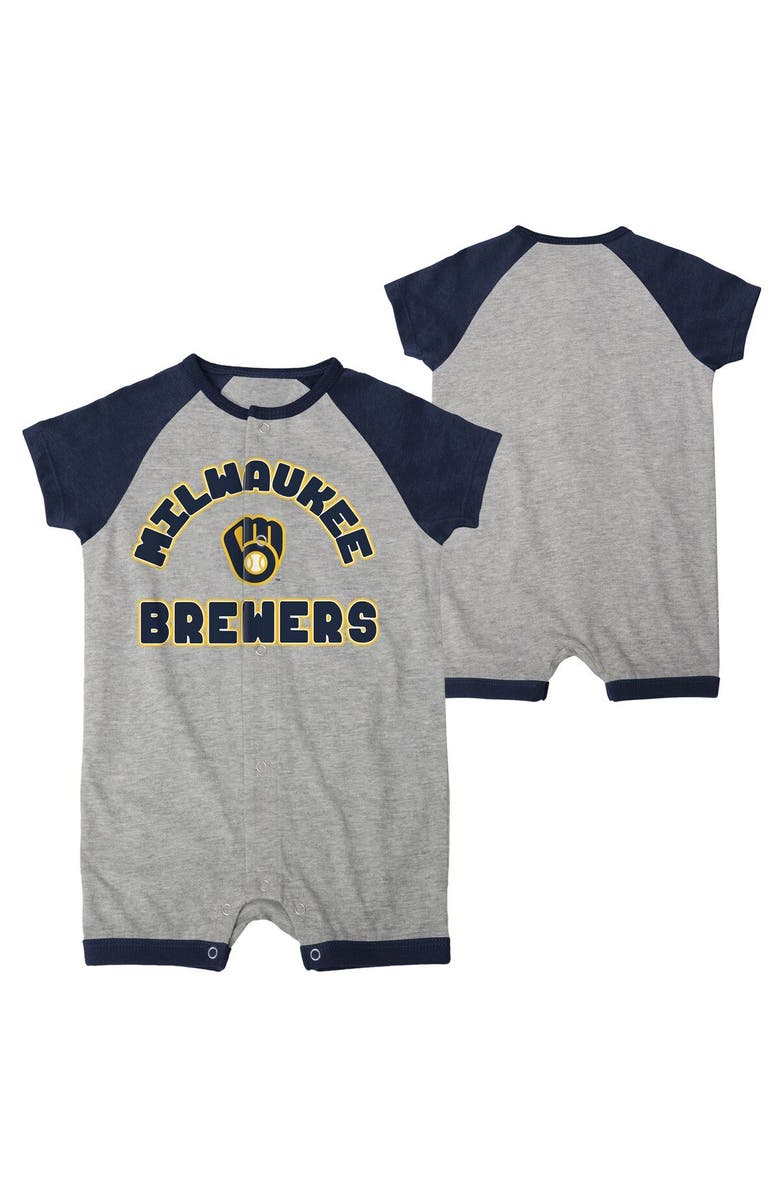 Outerstuff Infant  Heather Gray Milwaukee Brewers Extra Base Hit Raglan Full-Snap Romper, Main, color, 
