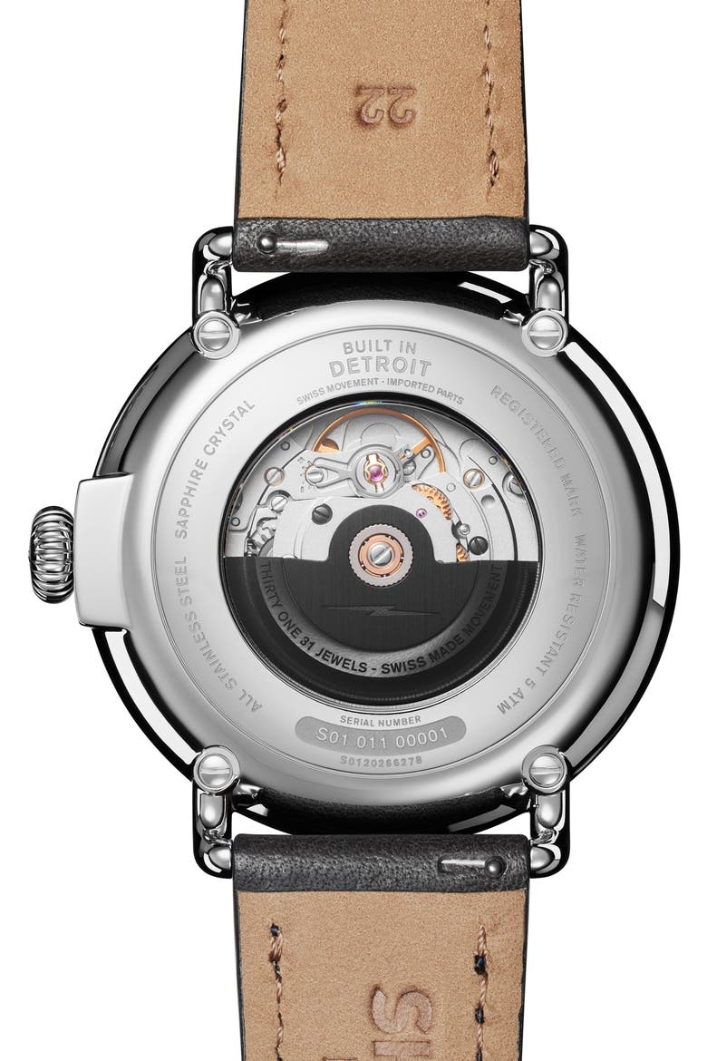 Runwell Automatic Leather Strap Watch, 45mm, Alternate, color, BLACK