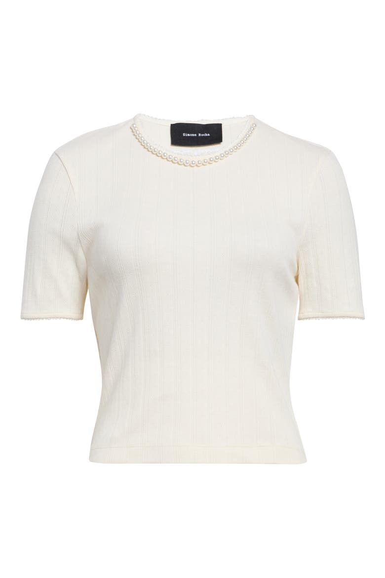 Faux Pearl Crop Cotton Pointelle Rib T-Shirt, Main, color, ECRU/ PEARL