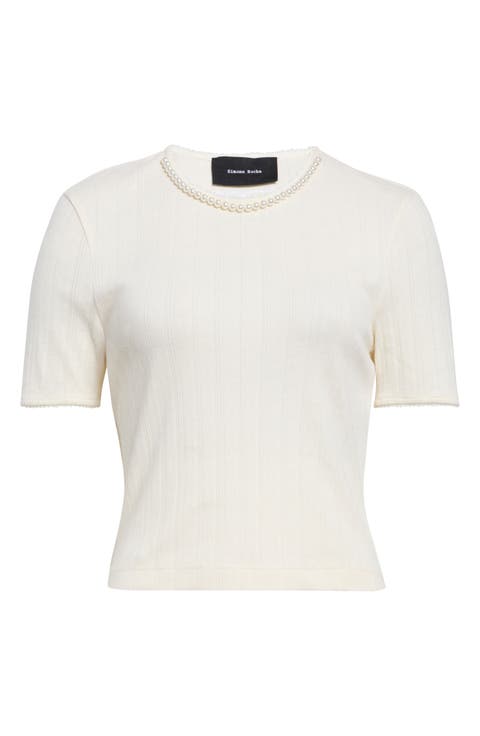 Faux Pearl Crop Cotton Pointelle Rib T-Shirt
