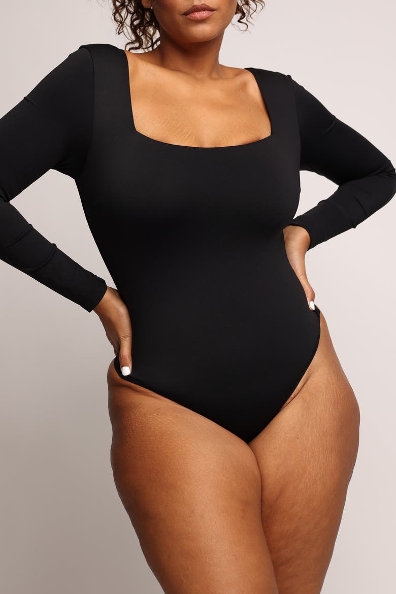 Shapewear Contour Long Sleeve Square Neck Bodysuit, Alternate, color, Jet