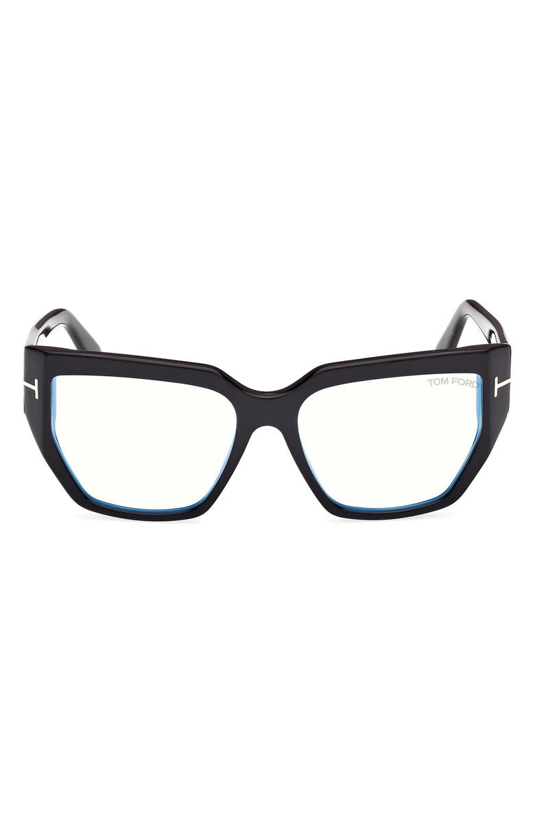 TOM FORD 54mm Square Blue Light Blocking Optical Glasses, Main, color, Black Eco / T Logo