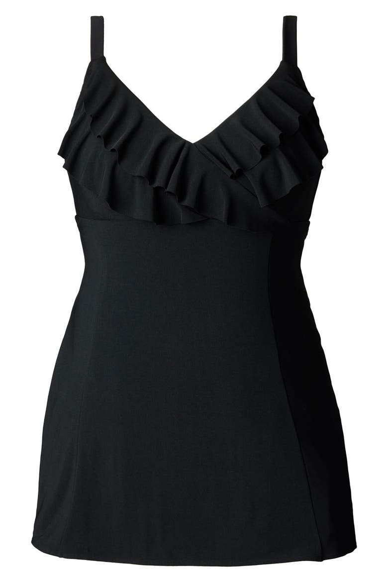 Ruffle Long Torso Swim Dress, Alternate, color, Black