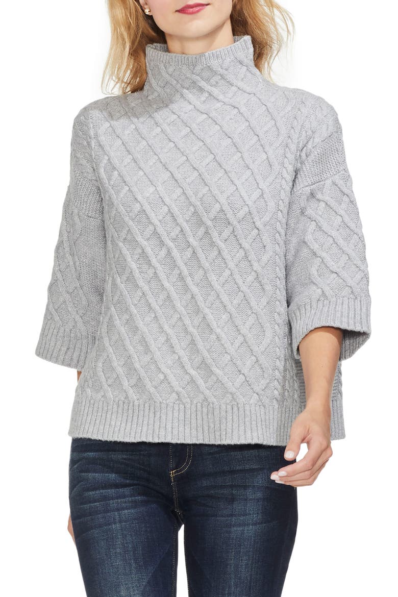 Cable Stitch Funnel Neck Sweater, Main, color, LIGHT HEATHER GREY