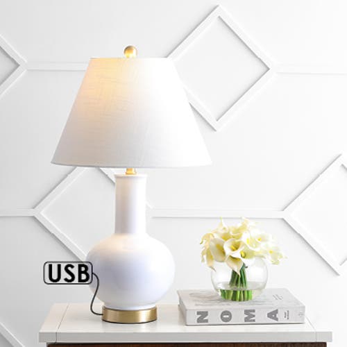 Jonathan Y Han 27" Ceramic/iron Contemporary Usb Charging Led Table Lamp, White/brass Gold In White/brass Gold