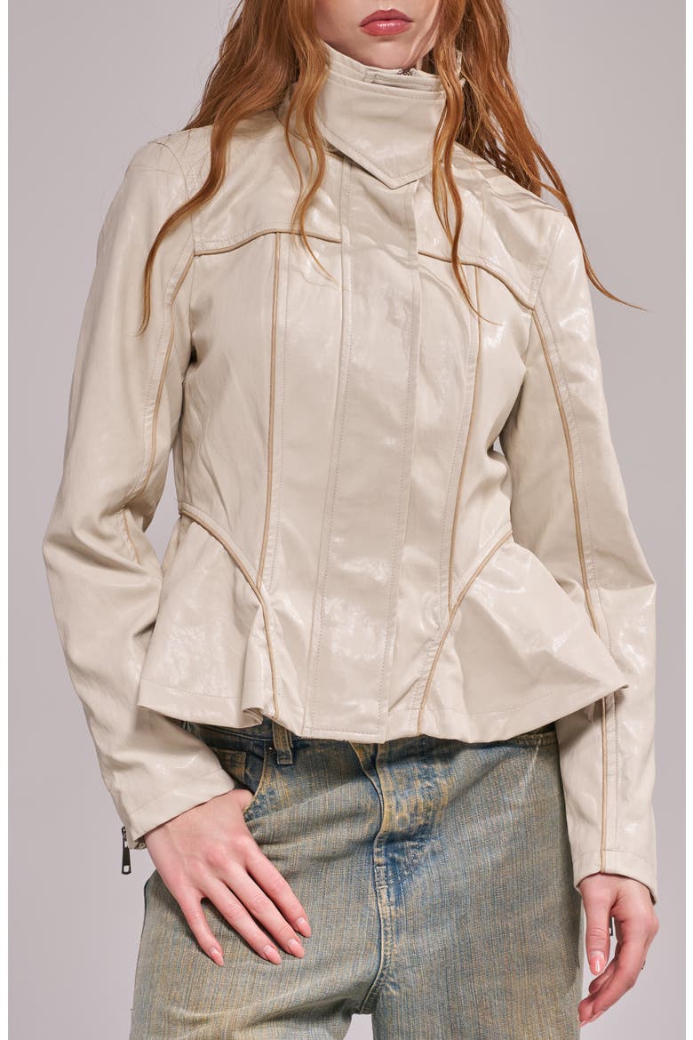 Ally Faux Leather Peplum Moto Jacket, Main, color, BONE