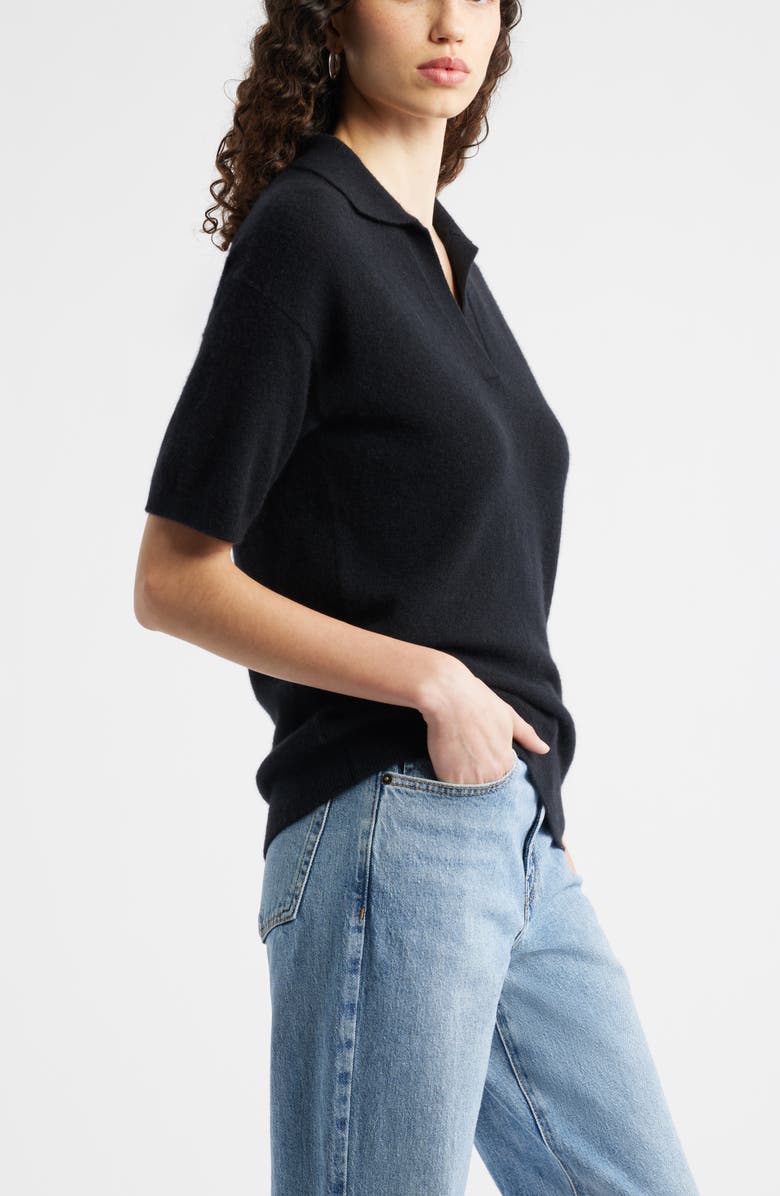 Nordstrom Cashmere Johnny Collar Short Sleeve Sweater, Alternate, color, Black Rock