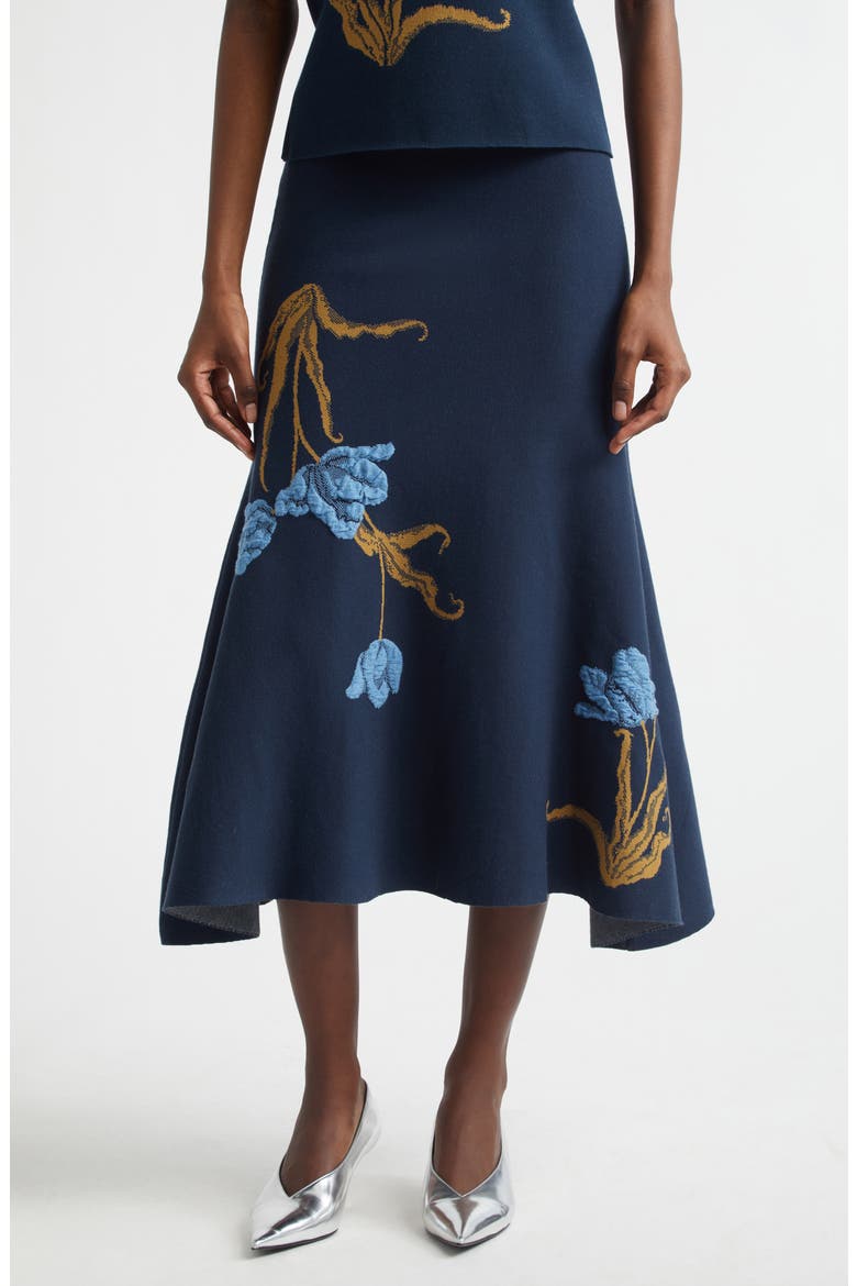 Floral Jacquard Trumpet Midi Skirt, Main, color, NAVY