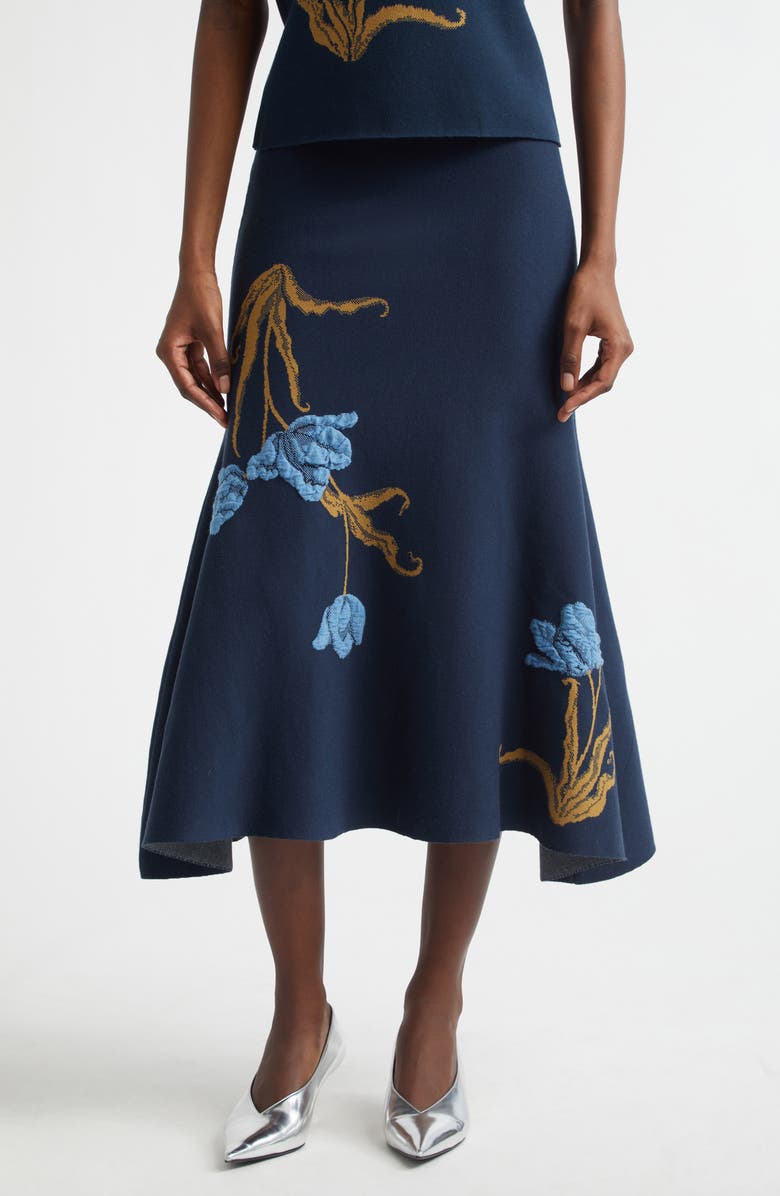 Erdem Floral Jacquard Trumpet Midi Skirt, Main, color, Navy