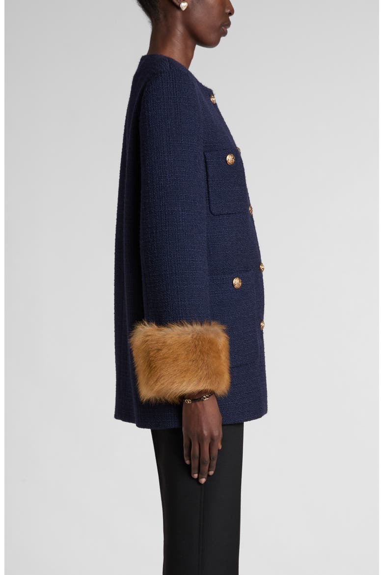 Wool Blend Tweed Jacket with Faux Fur Cuffs, Alternate, color, NAVY