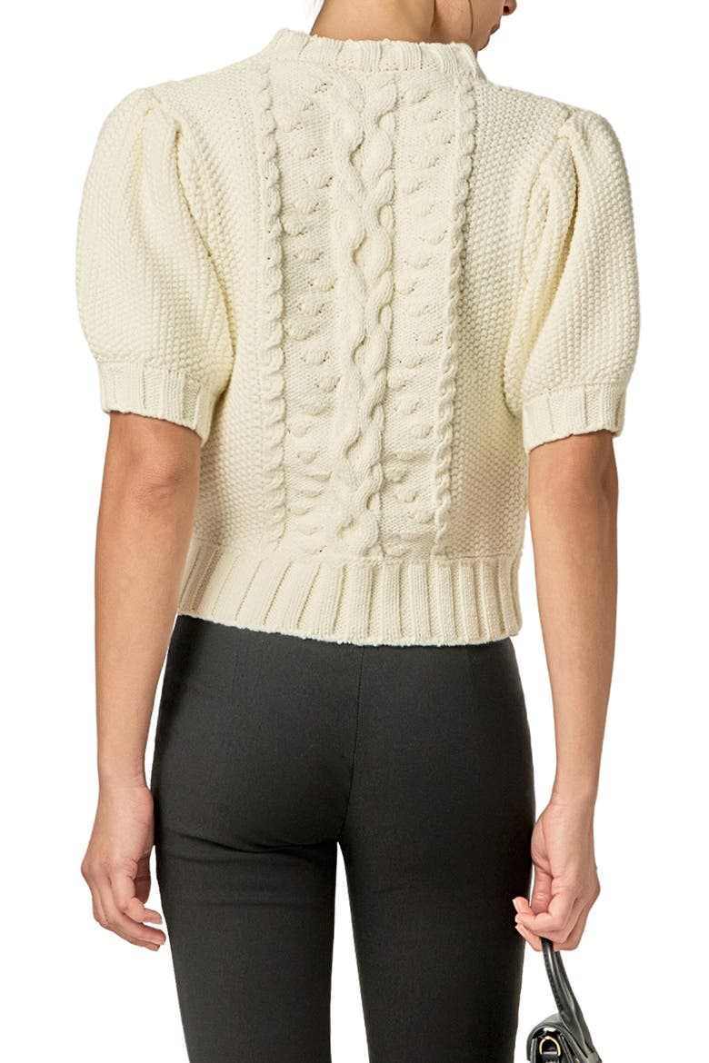 Cable Stitch Puff Sleeve Cardigan, Alternate, color, OFF WHITE