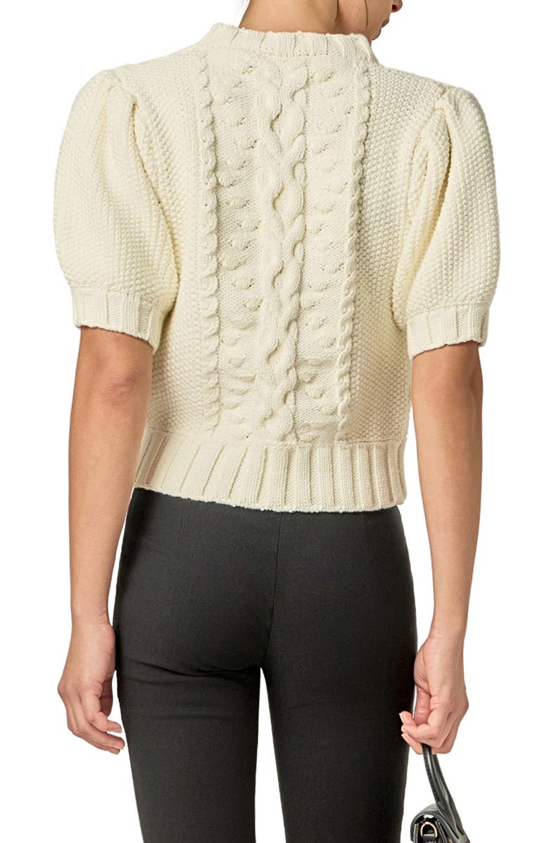 English Factory Cable Stitch Puff Sleeve Cardigan, Alternate, color, Off White