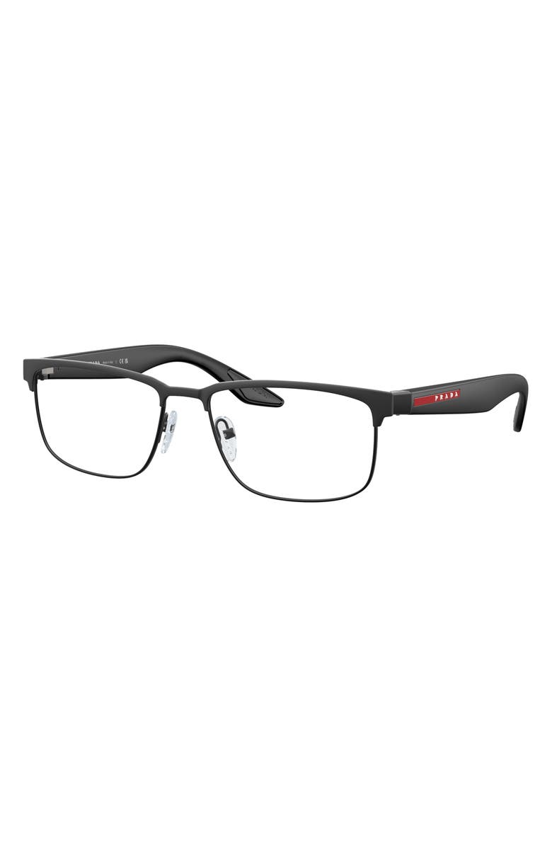 Prada Linea Rossa 56mm Rectangular Optical Glasses, Alternate, color, Rubber Black